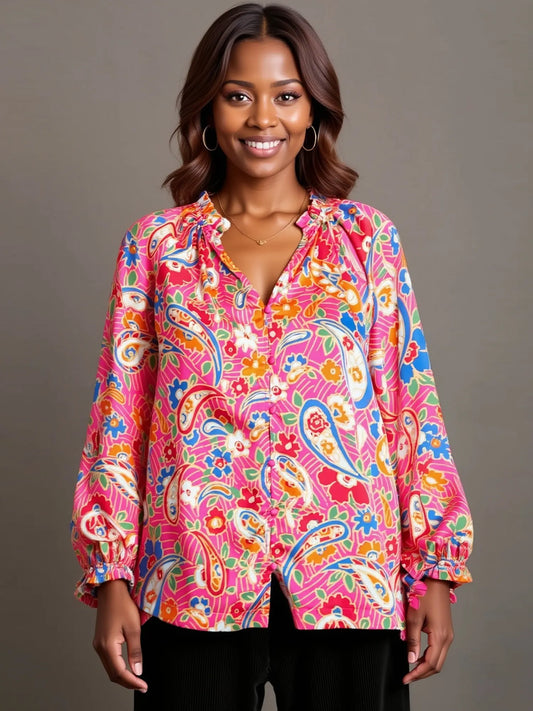 Full Size Satin Paisley Ruffle Neck Button-Up Shirt Plus Size detail — Livostyle