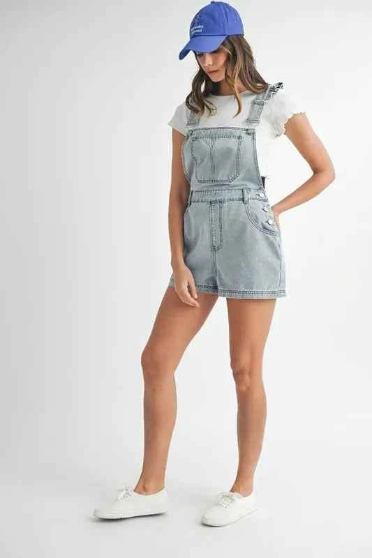 MABLE Square Neck Ruffle Shoulder Denim Overall Romper
