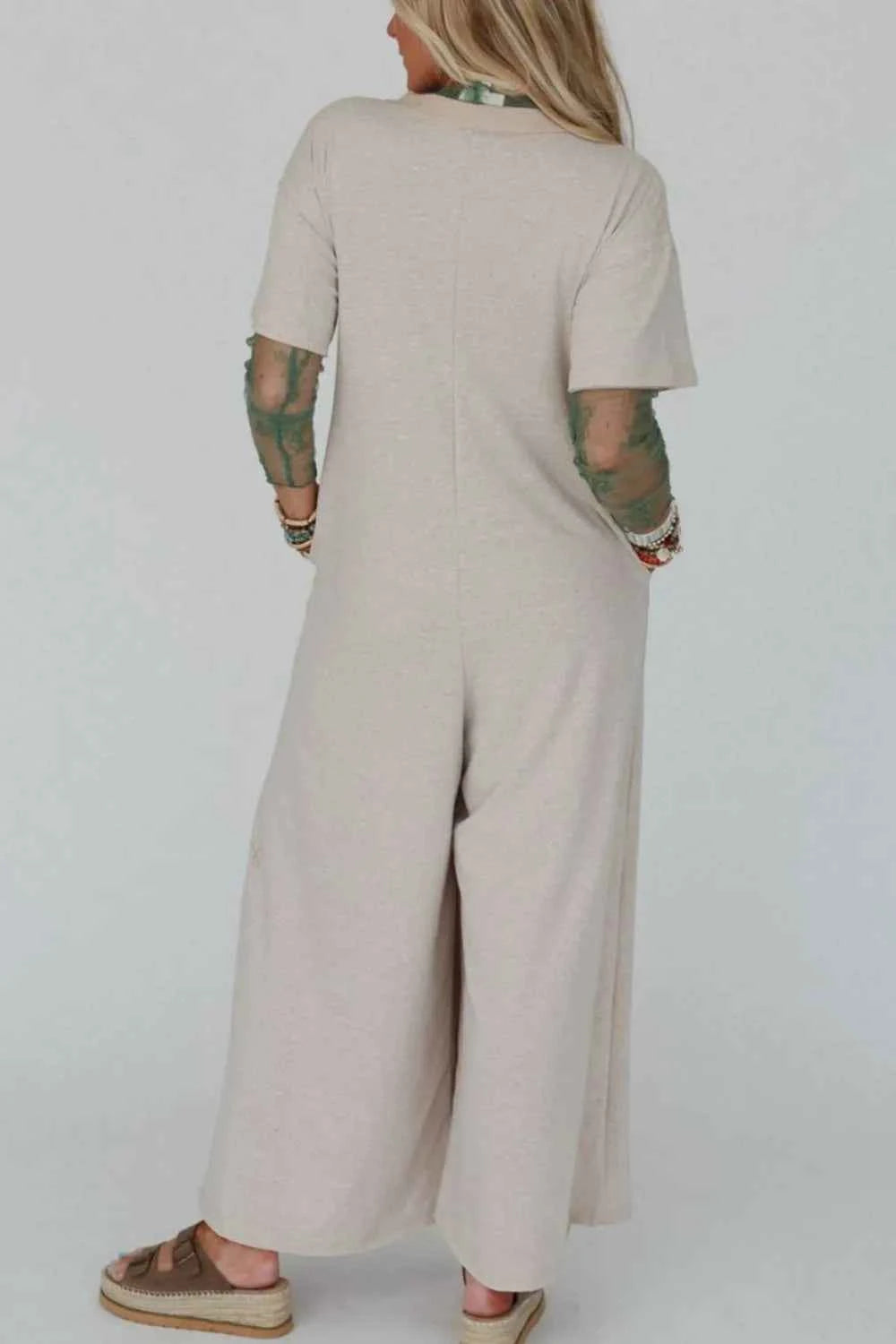 Pocket Front Short Sleeve Wide Leg Jumpsuit