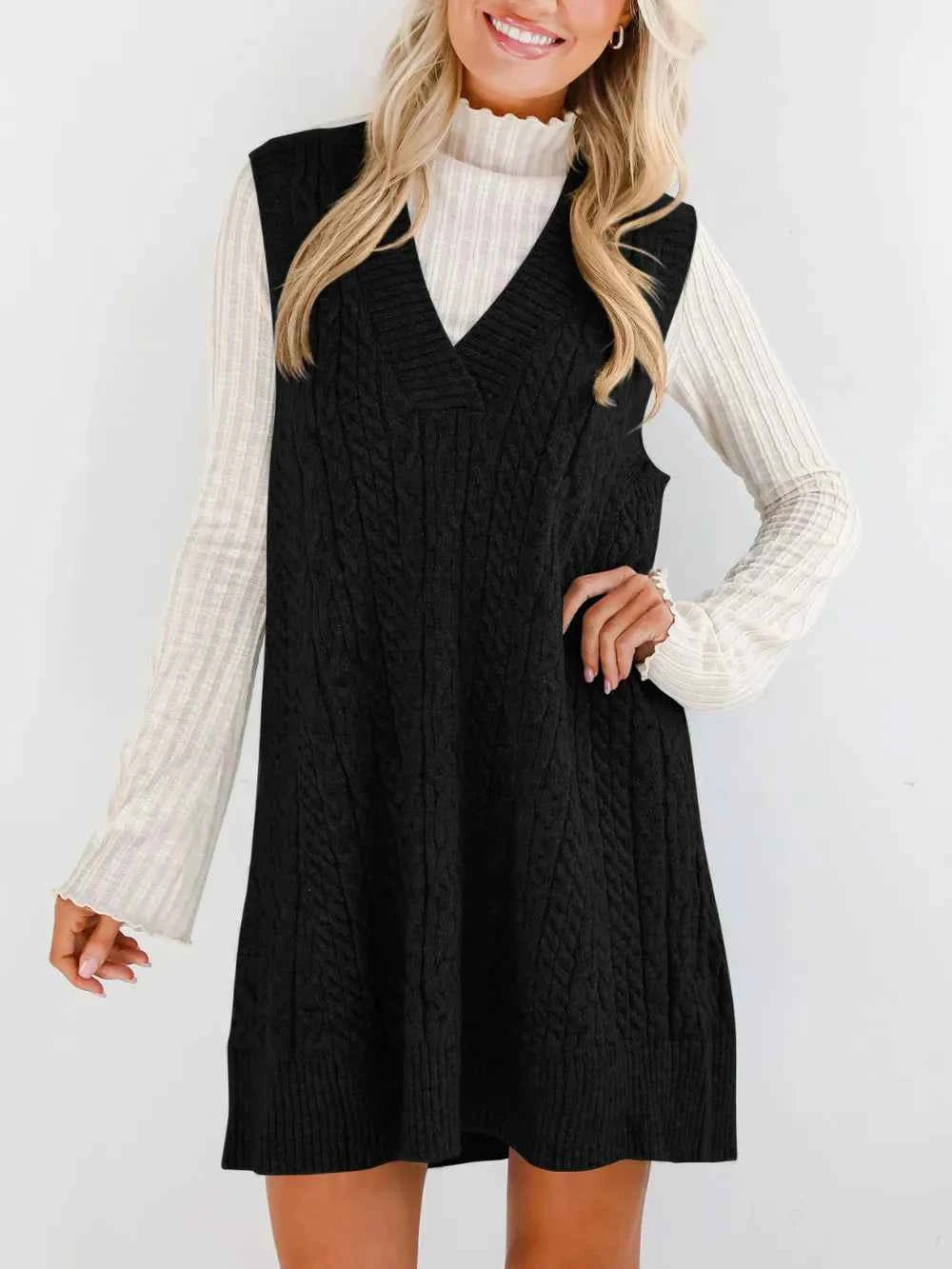 Lovelet Cable Knit V-Neck Mini Sweater Overall Dress