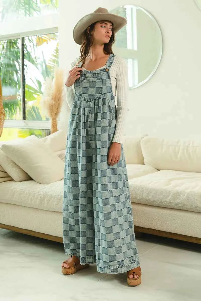 BiBi Washed Vintage Checker Wide Legs Overalls
