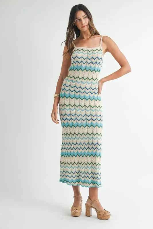 MABLE Lightweight Pointelle Chevron Knit Maxi Dress