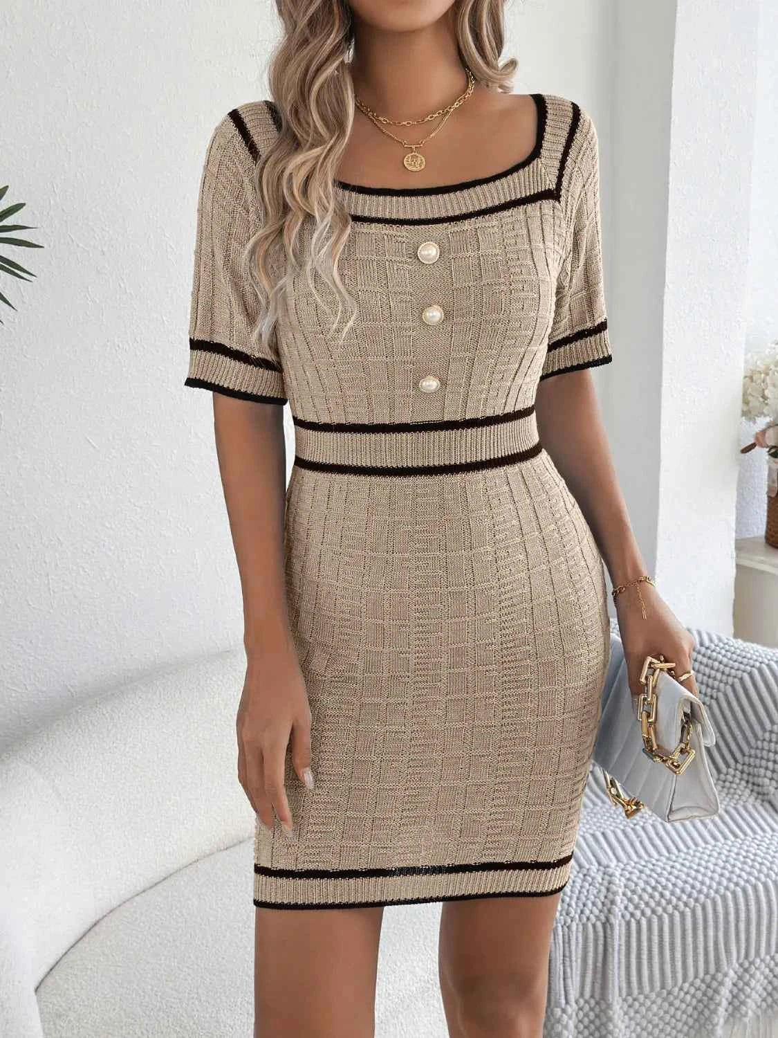 Decorative Button Short Sleeve Sweater Dress