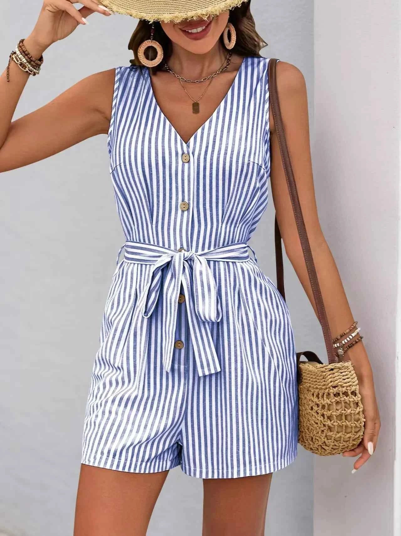 Striped V-neck Button Front Belted Romper