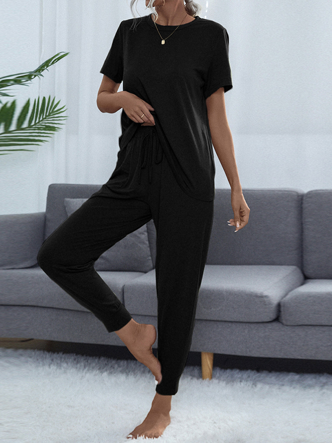 Shiny Round Neck Short Sleeve Top and Pants Set — Livostyle