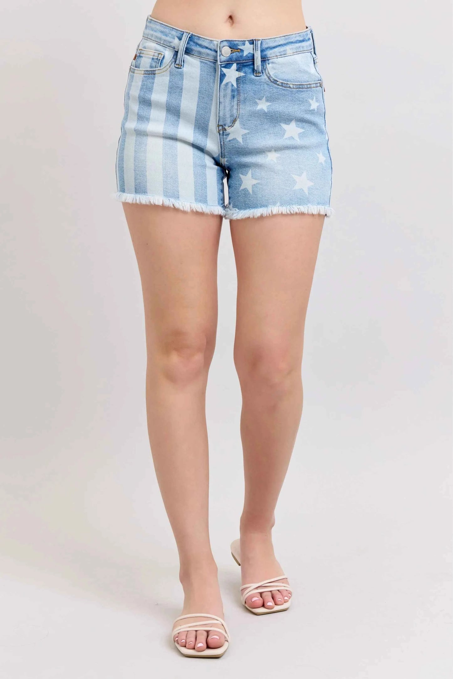 Judy Blue Full Size Mr Star & Stripe Bleach Discharge Fray Hem Denim Shorts Plus Size
