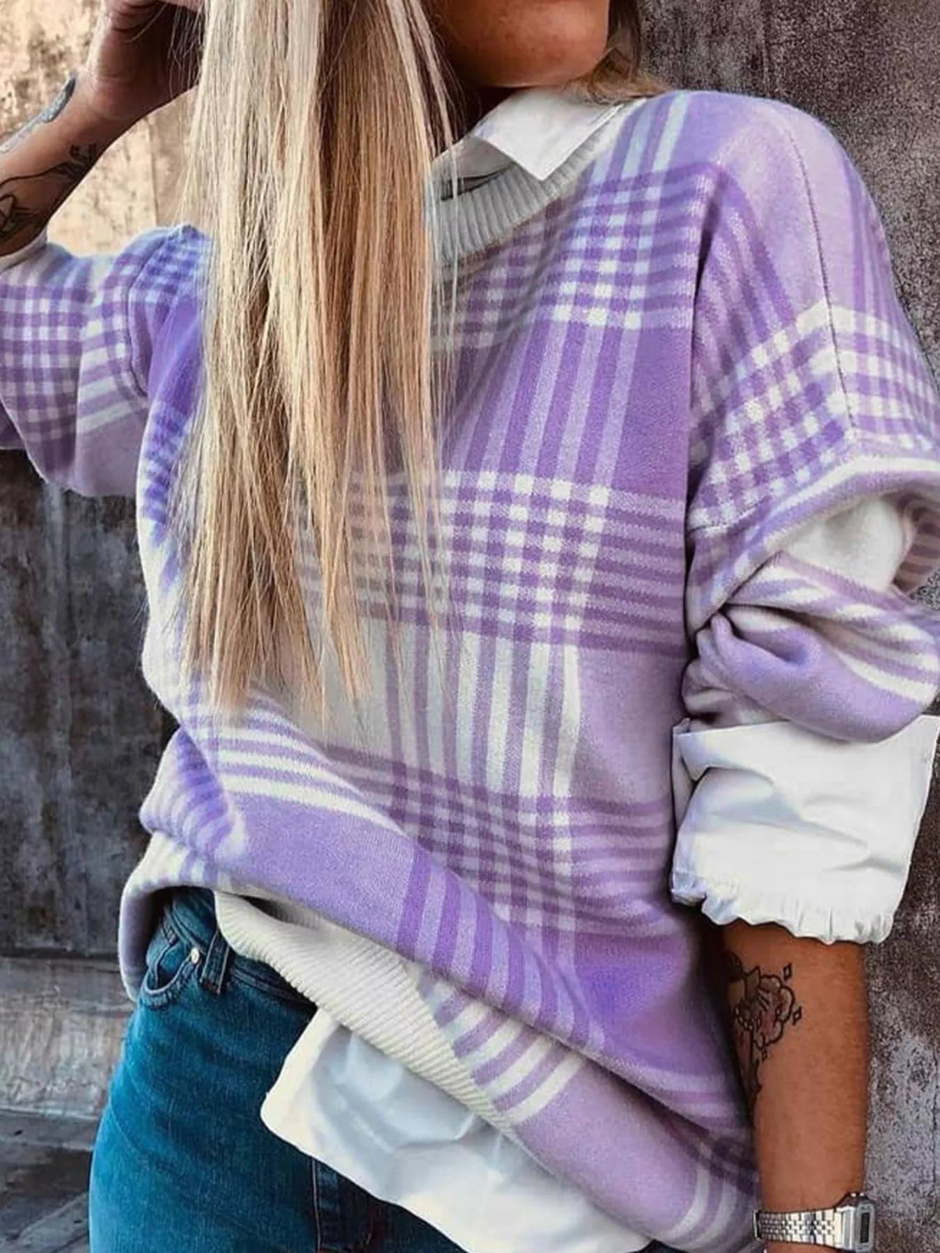 Plaid Round Neck Long Sleeve Sweater back view — Livostyle