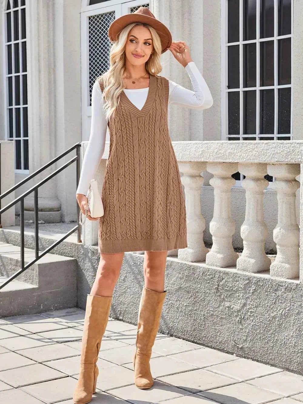 Lovelet Cable Knit V-Neck Mini Sweater Overall Dress