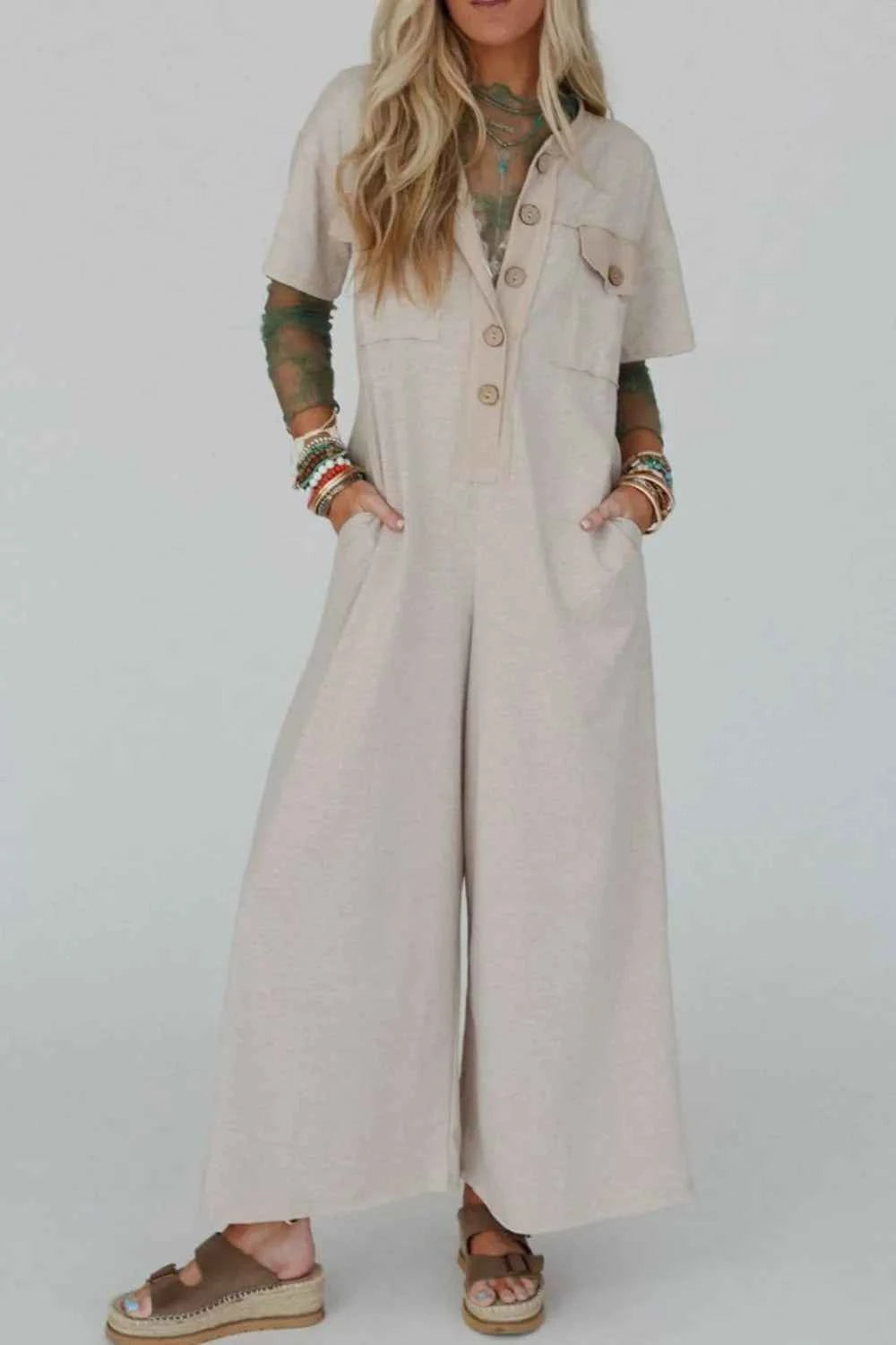 Pocket Front Short Sleeve Wide Leg Jumpsuit