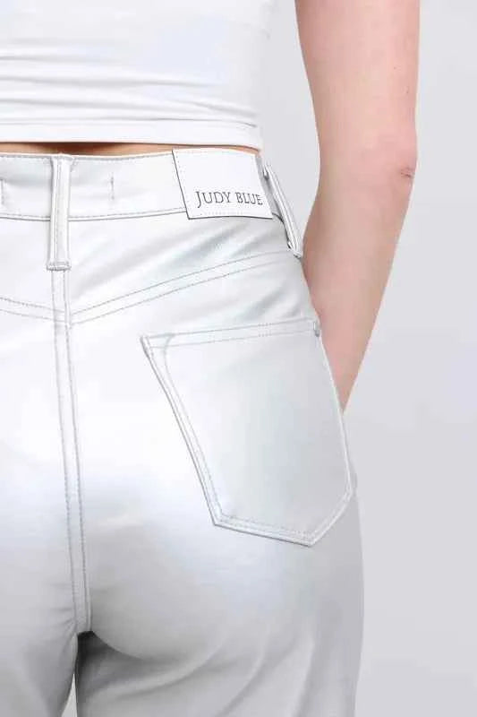 Judy Blue Full Size High Waist Silver Faux Leather Pants Plus Size