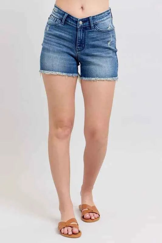 Judy Blue Full Size V-Front Denim Shorts with Shield Pockets Plus Size