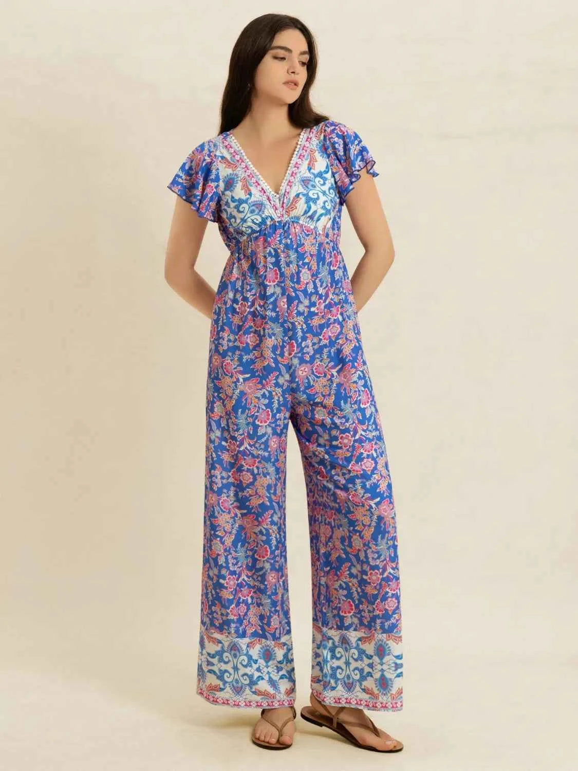 Blue Floral Print V-Neck Short Sleeve Wide Leg Jumpsuit