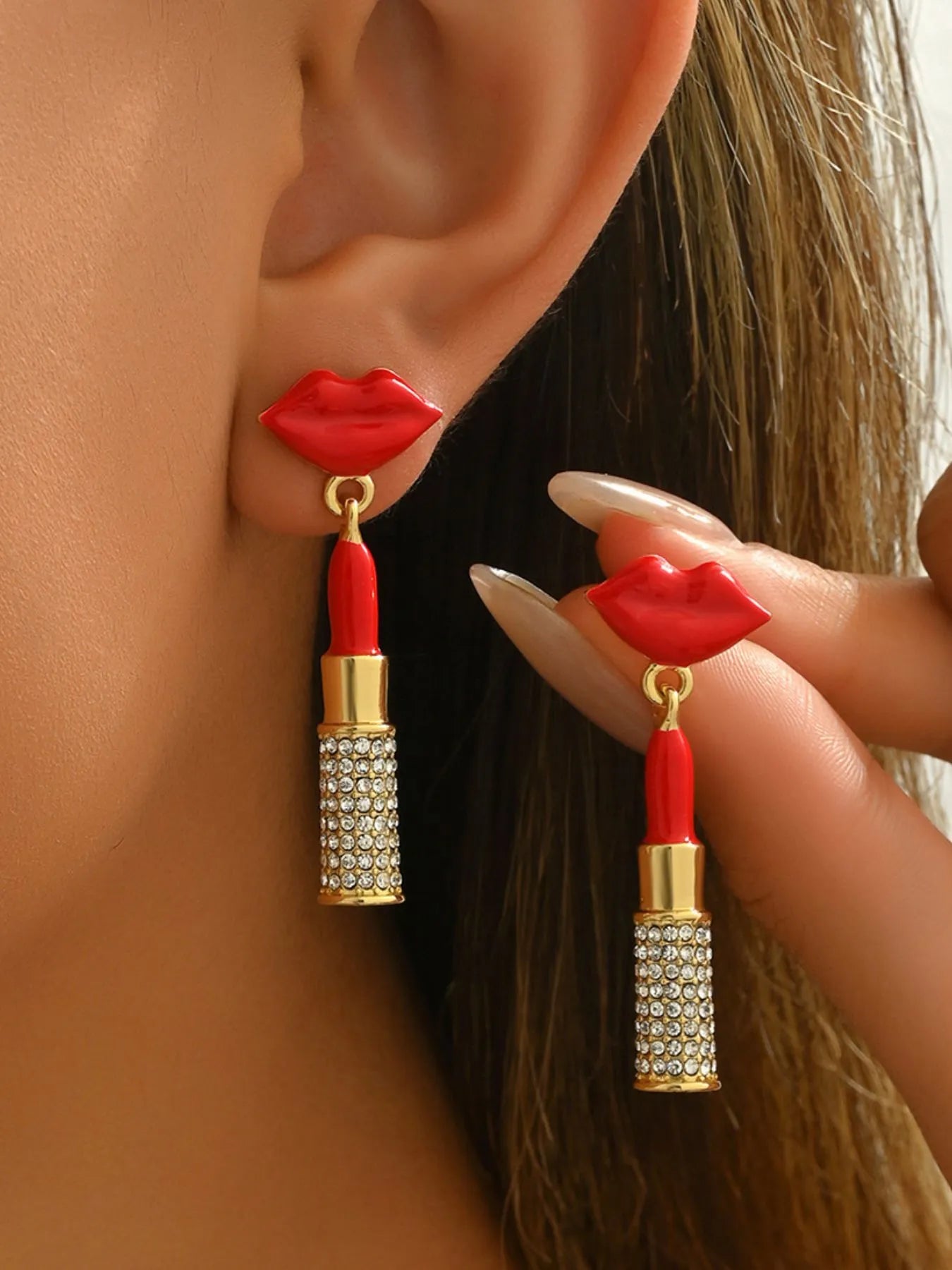 Stainless Steel Resin Lips Lipstick Rhinestone Earrings — Livostyle