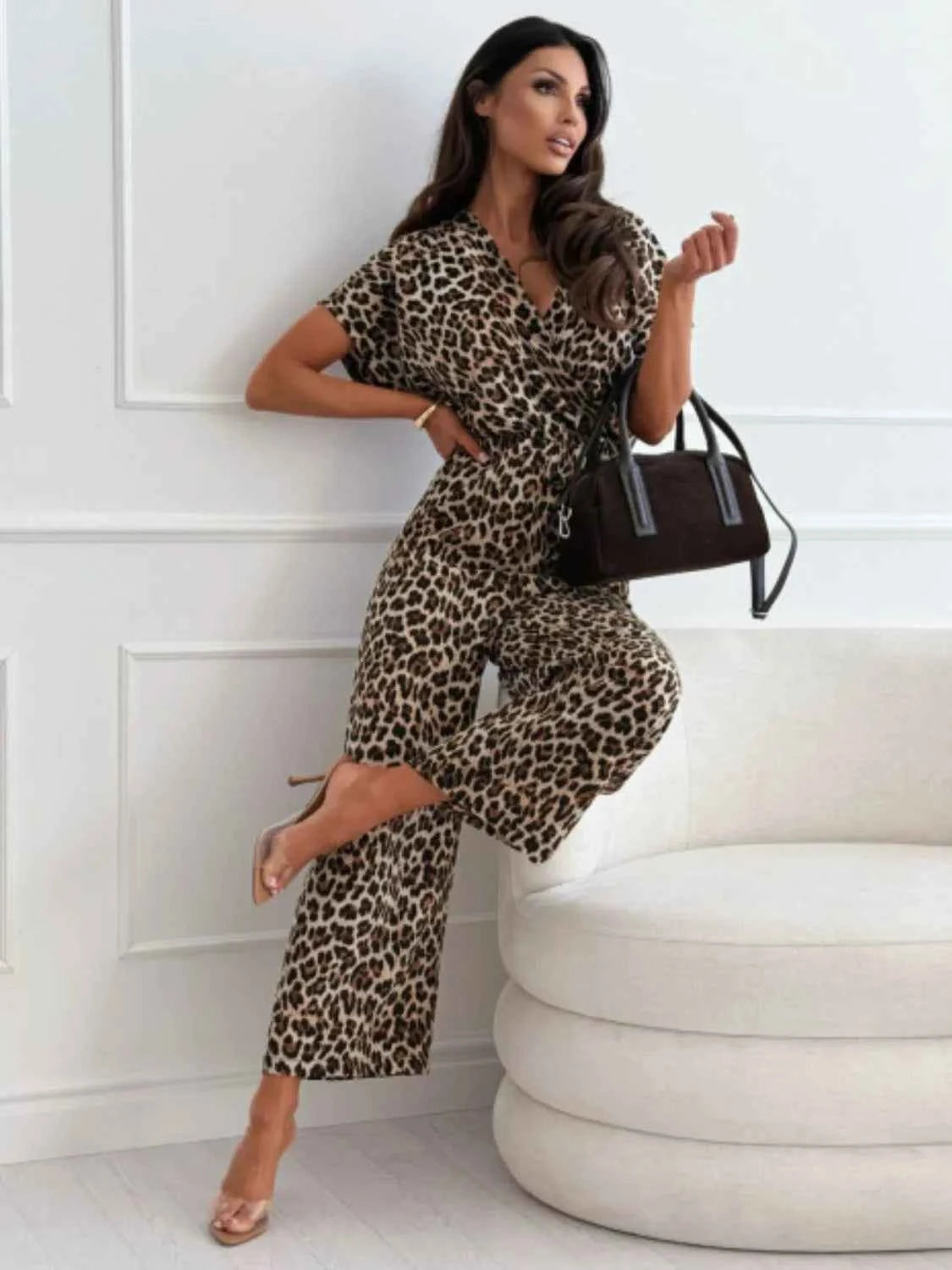 Leopard Print Short Sleeve Wide Leg Jumpsuit — Livostyle