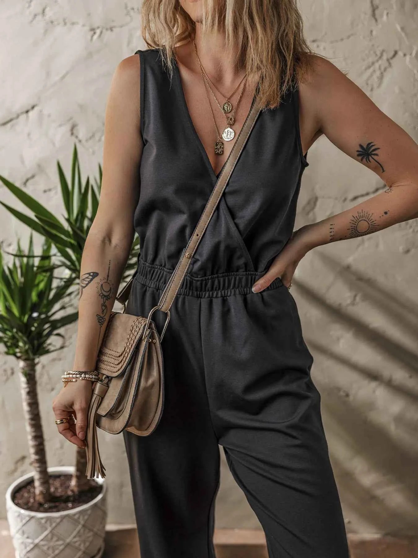 Wrap Surplice Sleeveless High Waist Jumpsuit