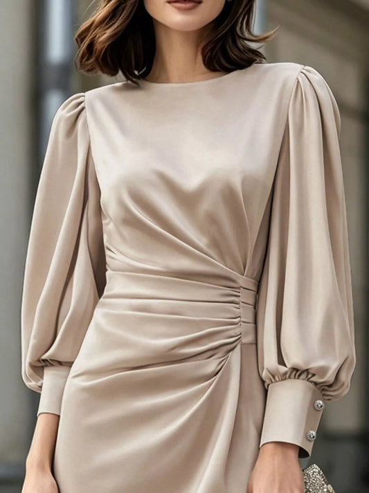 Long Sleeve Ruched Satin Midi Dress with Buttons