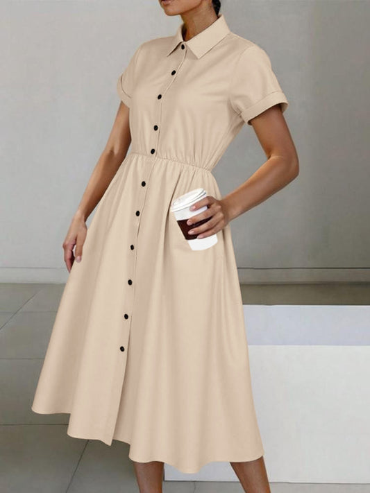 Button-Down Short Sleeve Midi Shirt Dress with Pockets