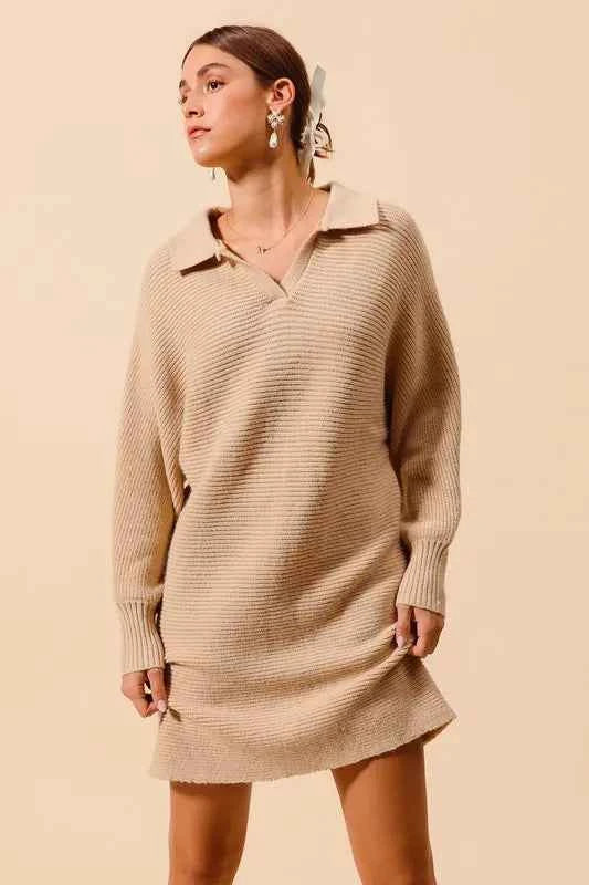 SO ME Ribbed Knit Collar Neck Dress