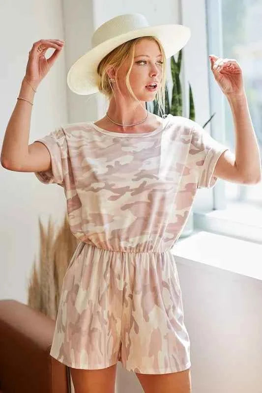 BiBi Camo Print French Terry Romper with Side Pockets