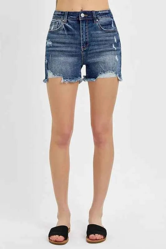 RISEN Distressed Raw Hem Denim Shorts