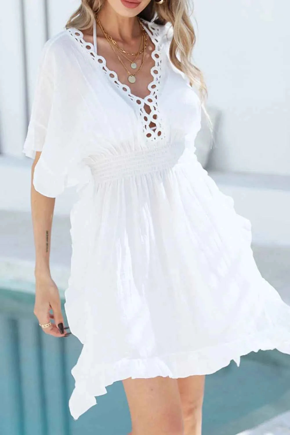 Ruffled Smocked Waist V-Neck Cover-Up