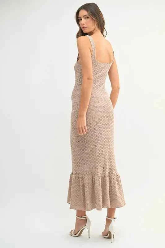 MABLE Ruffled Hem Sleeveless Crochet Knit Midi Dress