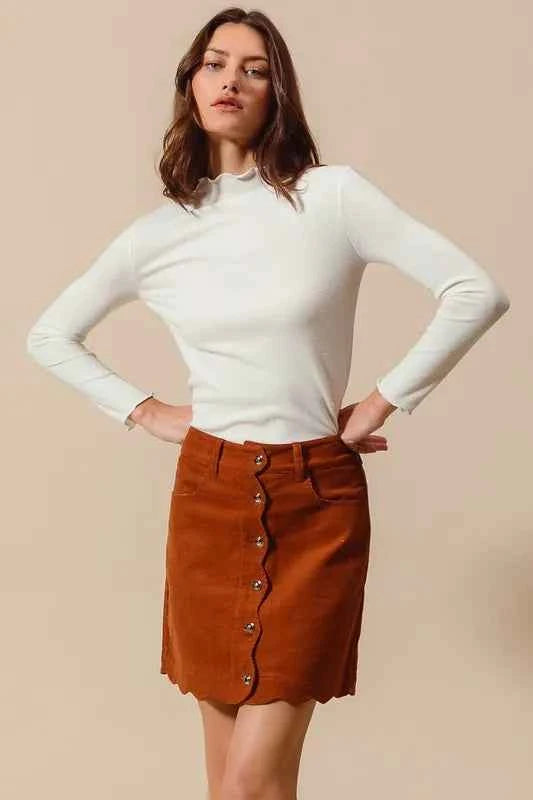 SO ME Scallop Buttoned Front Corduroy Mini Skirt
