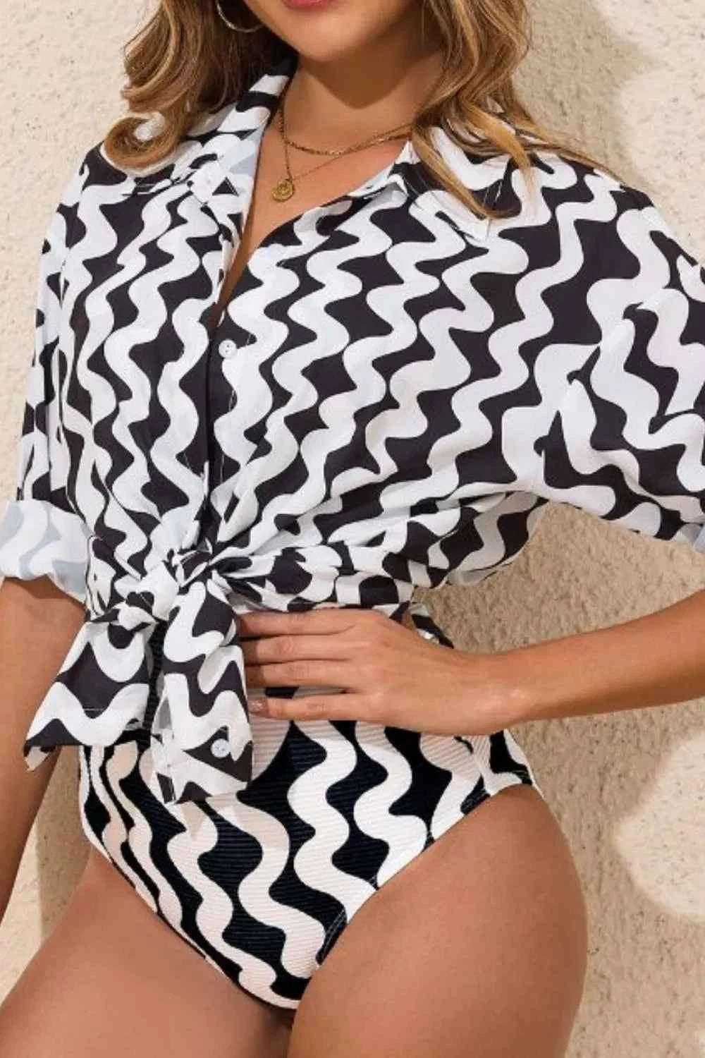 Button Down Contrast Striped Cover-Up