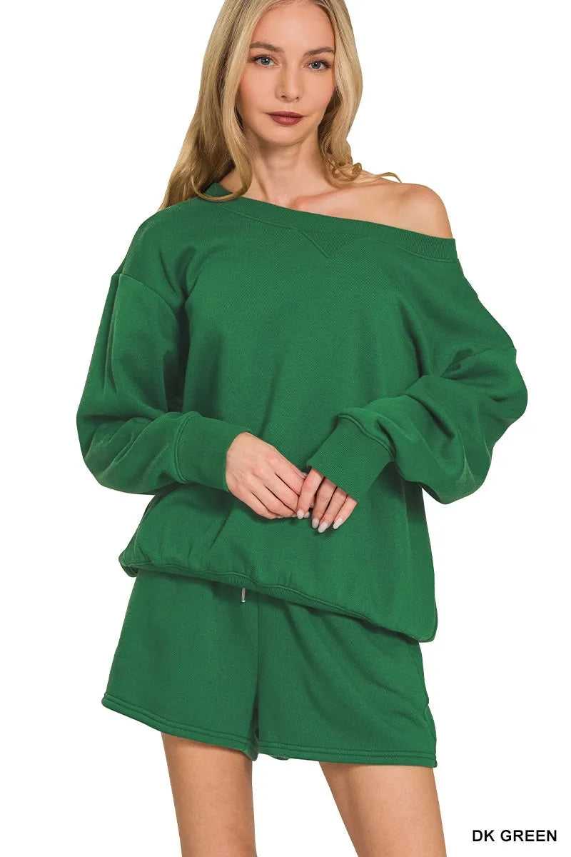 Fleece Boat Neck Sweatshirt and Shorts Set in DK GREEN