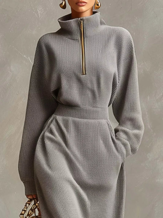 Waffle Knit Quarter-Zip Midi Dress with Pockets