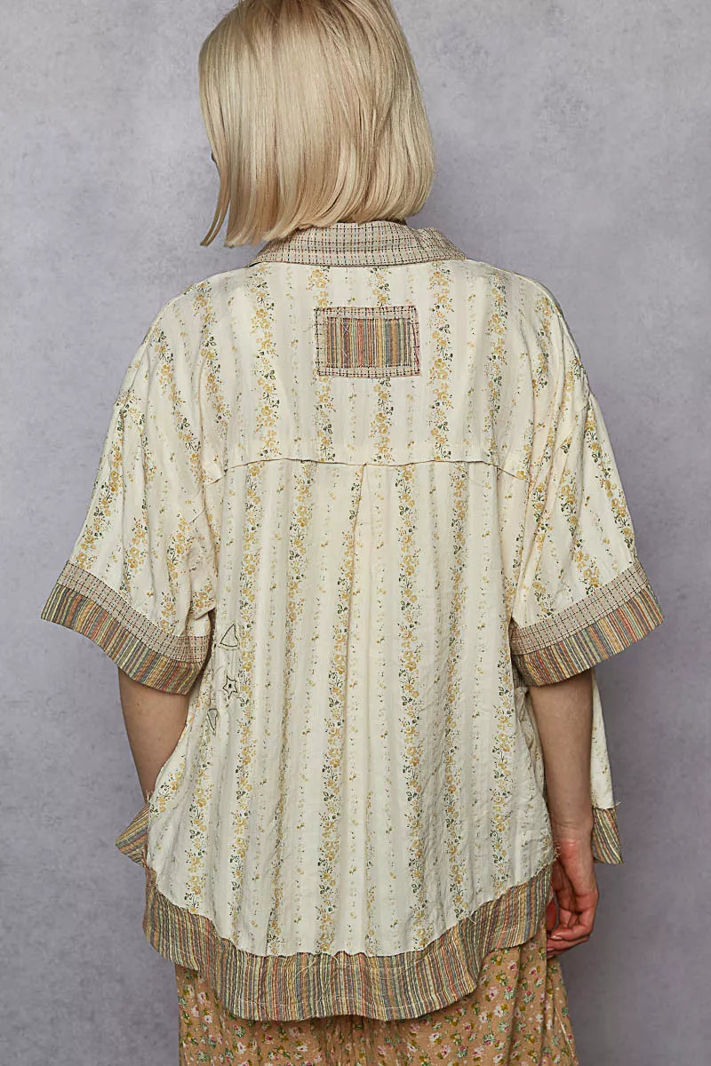 Printed Button Down Patchwork Short Sleeve Shirt closeup — Livostyle