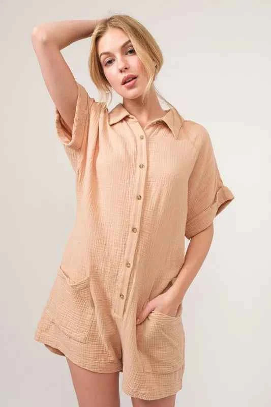 And The Why Washed Gauze Roll-up Sleeve Comfort Utility Romper
