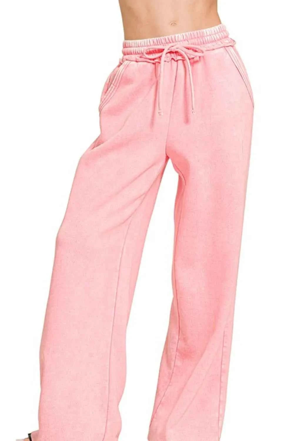 Zenana Acid Wash Fleece Palazzo Sweatpants with Pockets