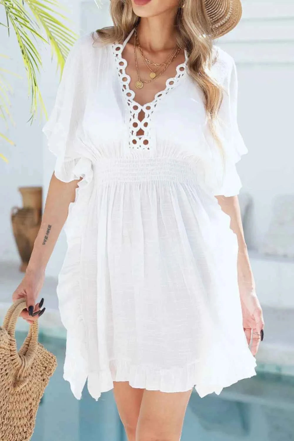 Ruffled Smocked Waist V-Neck Cover-Up