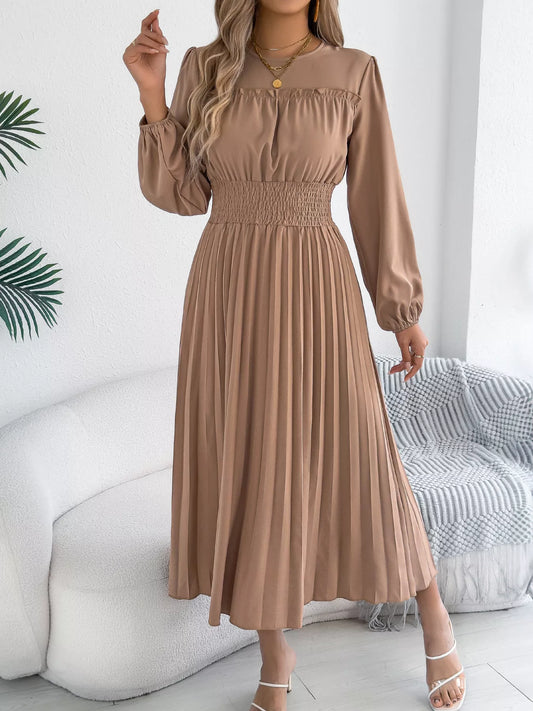 Smocked Pleated Long Sleeve Midi Dress with Buttons