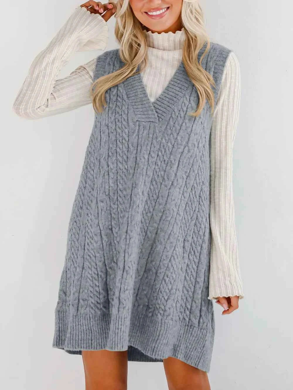 Lovelet Cable Knit V-Neck Mini Sweater Overall Dress