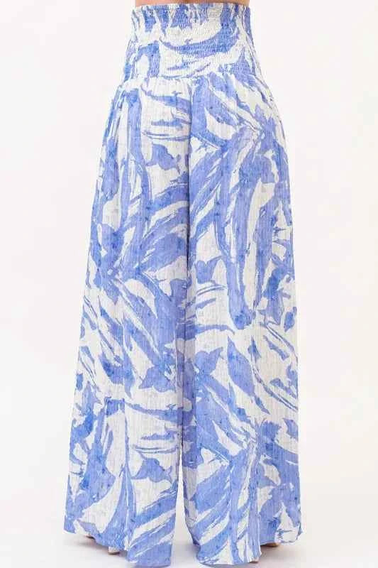 And The Why Smocked Tied Waist Abstract Print Wide Leg Pants