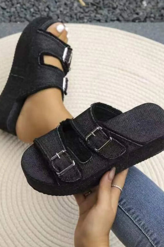 Raw Hem Wedge Buckle Sandals detail — Livostyle