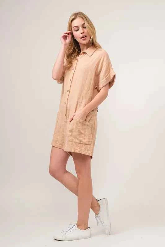 And The Why Washed Gauze Roll-up Sleeve Comfort Utility Romper
