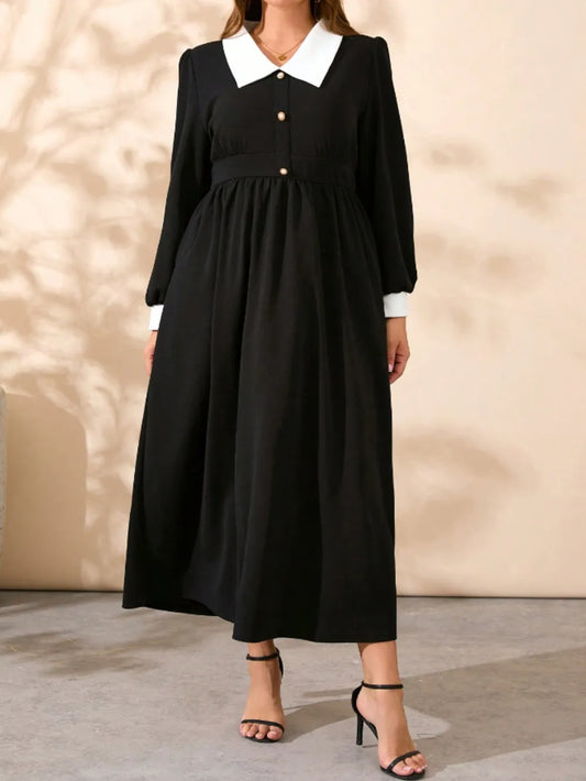 Contrast Collared Neck Long Sleeve Midi Dress – Plus Size