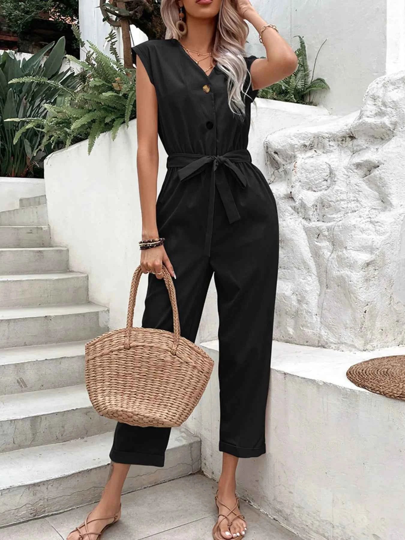 Button-Front Tie Waist Jumpsuit