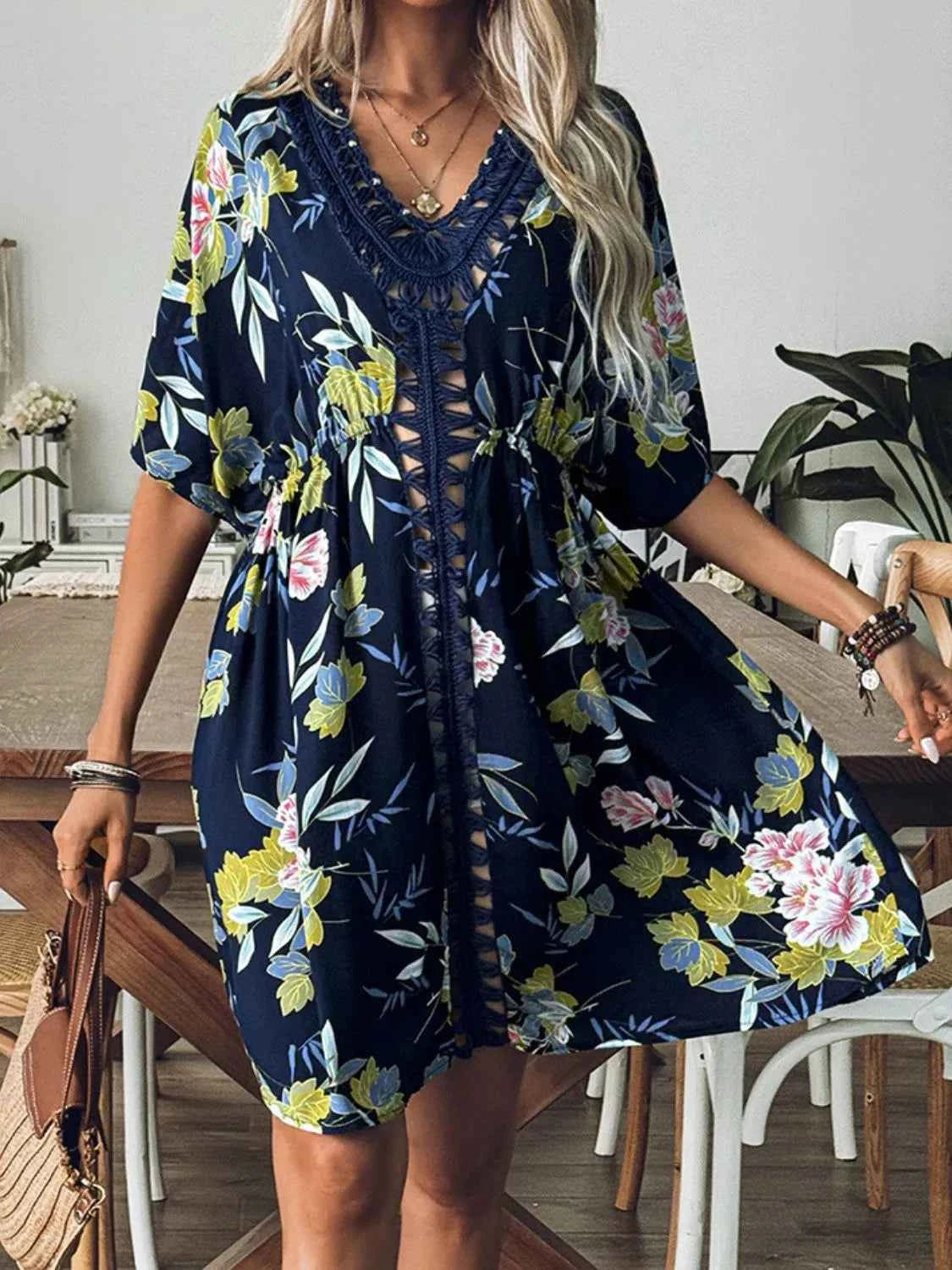 Crochet Front V-Neck Printed Cover-Up — Livostyle