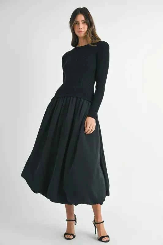 MABLE Ribbed Poplin Mix Midi Sweater Dress