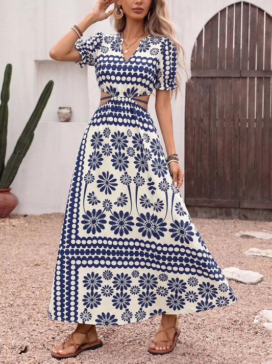 Floral Print Cutout Waist Maxi Dress with Slit