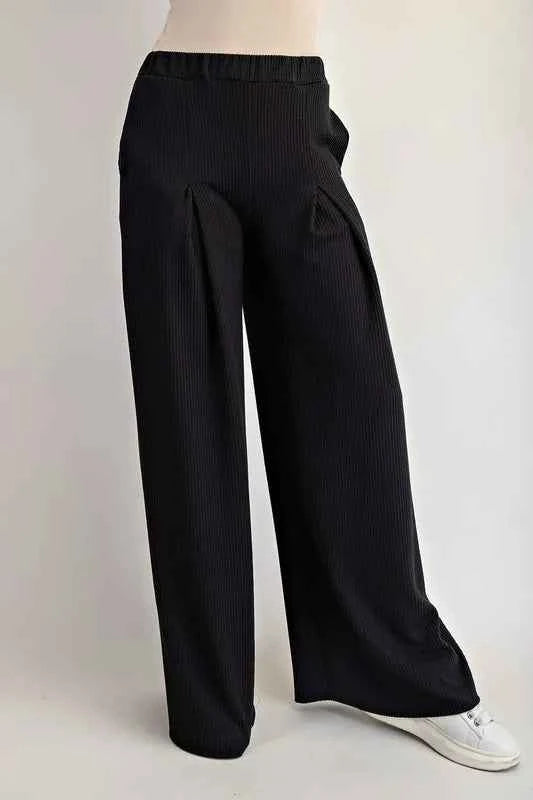 Celeste Full Size Ribbed Wide-Leg Pants with Pockets Plus Size