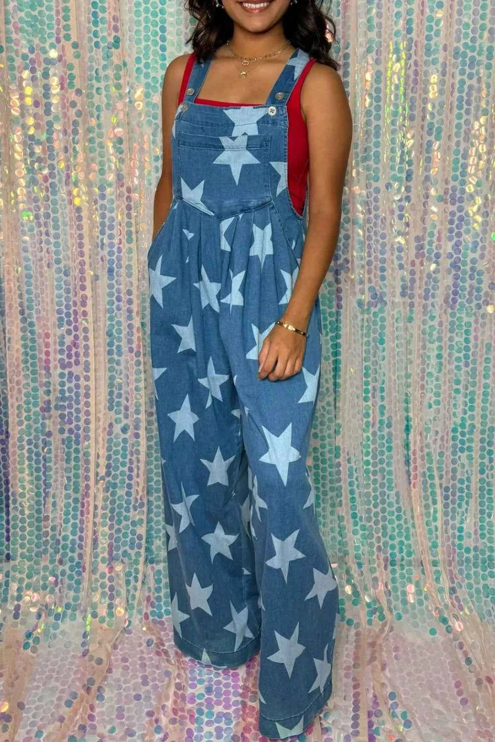 Star Print Buttoned Strap Wide Leg Denim Overalls