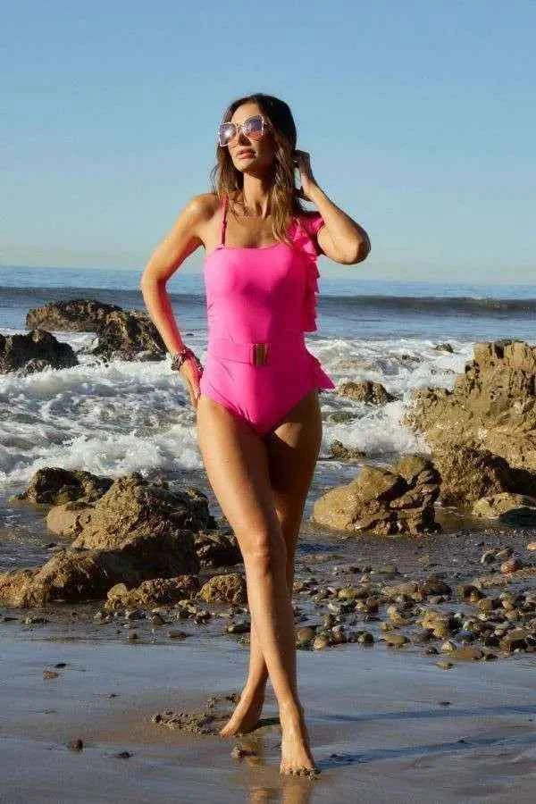 Davi & Dani Solid One Shoulder Ruffle One Piece Swimsuit