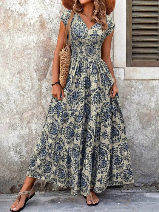 Printed Cap Sleeve Tiered Smocked Maxi Dress