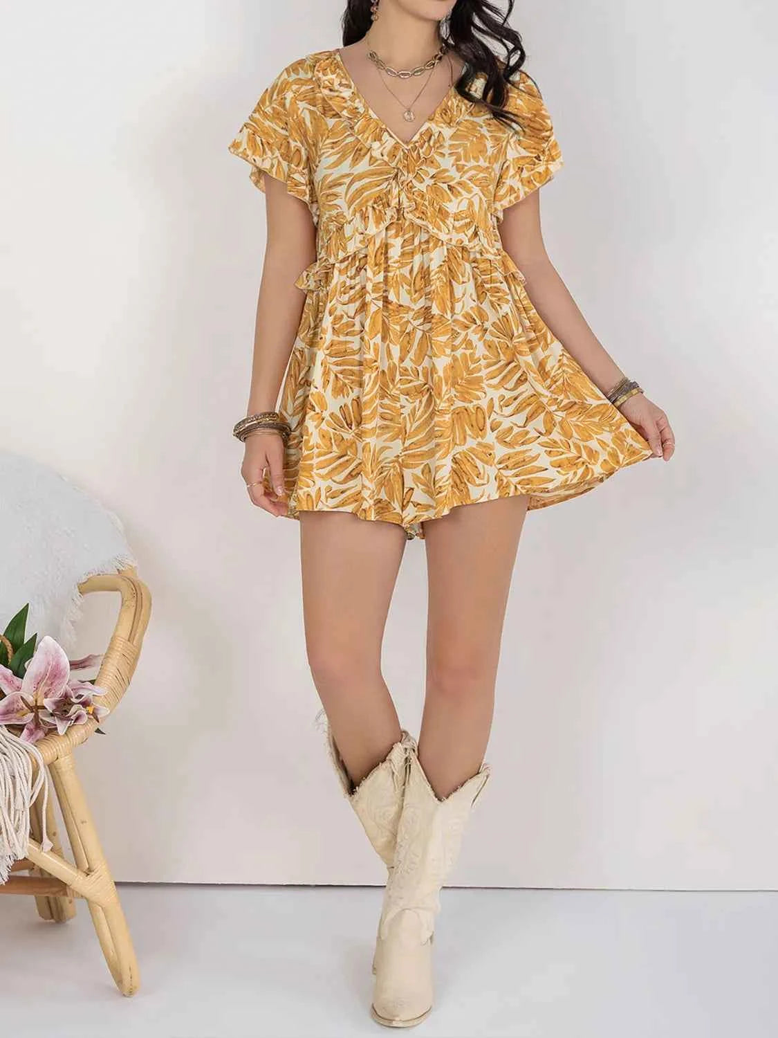 Printed V-Neck Short Sleeve Romper