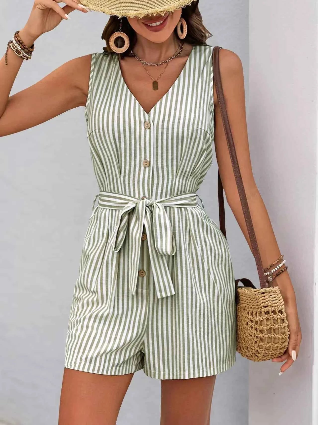 Striped V-neck Button Front Belted Romper